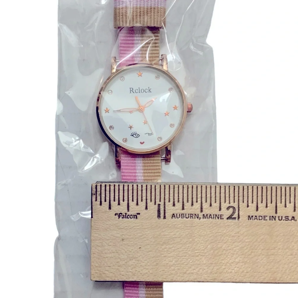 Watch Women’s Analog Round  Adjustable Preppy Stripe Canvas Band Pink Tan